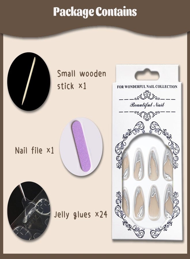 VOTACOS Press on Nails Long Almond Fake Nails with Silver Swirl Designs Full Cover False Nail Glossy Stick on Nail for Women - Image 3